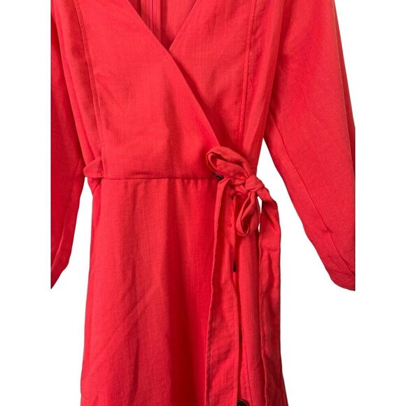 Lulus Women's Faux Wrap Dress Red Puffed Sleeve Button Accents Tie Size S - Picture 7 of 14
